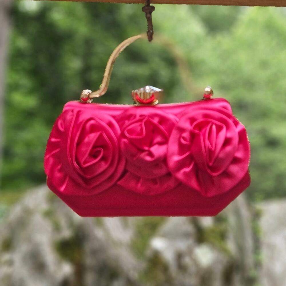 🦄 Boutique Barbiecore Hot Pink Floral Satin Evening Bag Clutch Removable Strap
